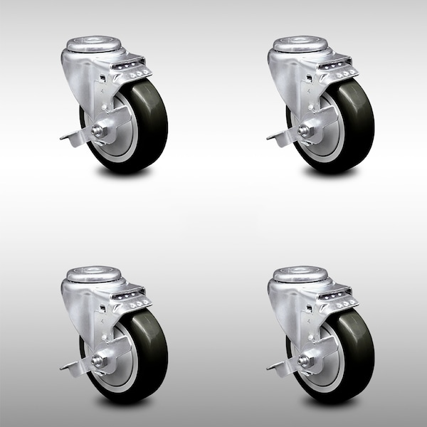 4 Inch SS Black Polyurethane Wheel Swivel Bolt Hole Caster Set with Brake SCC